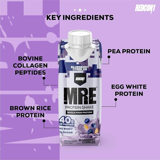 REDCON1 MRE Ready to Drink Protein Shakes Blueberry Cobbler - Lactose + Whey Free RTD Protein Made with Real Whole Food Protein Blends - Keto-Friendly and Easy to Digest Nutritional Shake (12 Pack)