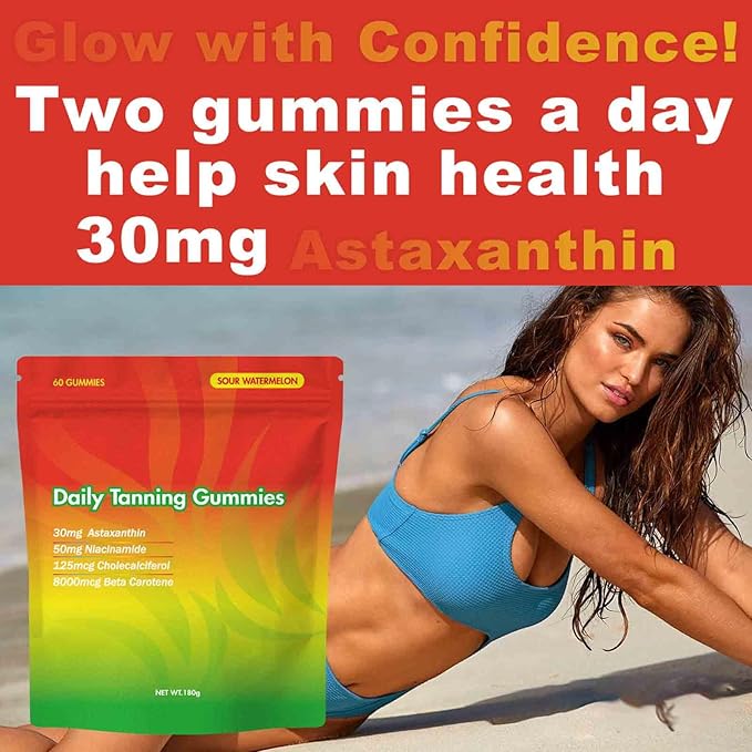 Tanning Gummies Daily Tanning Gummies Natural Tanning Supplement with Astaxanthin Lycopene &amp Beta Carotene 30-Day Supply for Skin Health &amp Glow