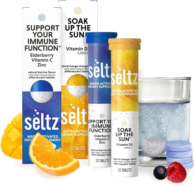 Seltz® D-fense &amp D-Light Pack - Vitamin D + Immune Support Effervescent Vitamins (Soak up The Sun + Support Your Immune Function) with Vitamin D3 (5000 IU) Elderberry Vitamin C and Zinc