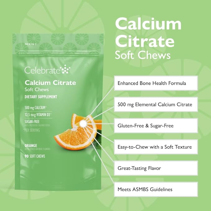 Celebrate Vitamins Bariatric 500mg Calcium Citrate Soft Chews with 500 IU Vitamin D3 – Essential for Gastric Bypass Patients &amp Bone Health - Sugar &amp Gluten Free Orange (270 Chews)