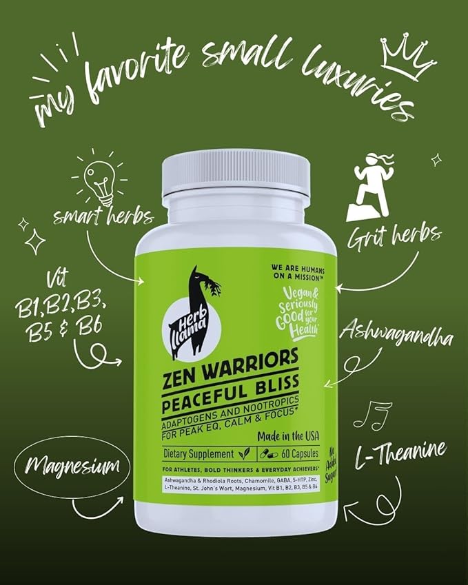 Zen Warriors Peaceful Bliss - Adaptogenic &amp Nootropic Daily Ritual with Ashwagandha Rhodiola GABA Magnesium L-Theanine | Calm Clarity &amp Focus | Vegan Non-GMO 60 Capsules
