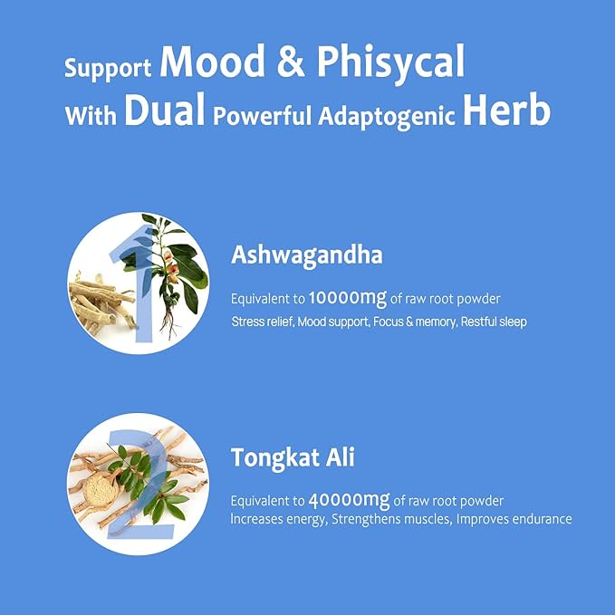 Ashwagandha 10000mg Tongkat Ali 40000mg Supplement with Multivitamin D3 K2 - Men's Health &amp Stress Mood Energy Endurance Support - Ashwagandha Capsules Tongkat Ali for Men USA - 60 Count