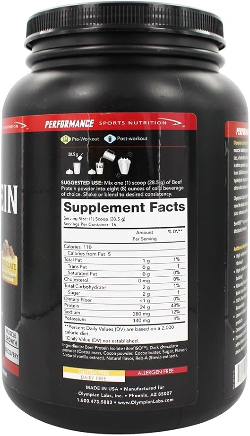 Olympian Labs Beef Protein Isolate Powder 24g Protein BST Free 2 Grams BCAA's Muscle Building Amino Acids 1 Pound Flavored with Real Chocolate