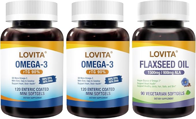 LOVITA Marine &amp Plant Omega Bundle - 2 Fish Oil Bottles &amp 1 Vegan Flaxseed Oil (180ct) High Potency EPA DHA &amp ALA (3-Pack Set)