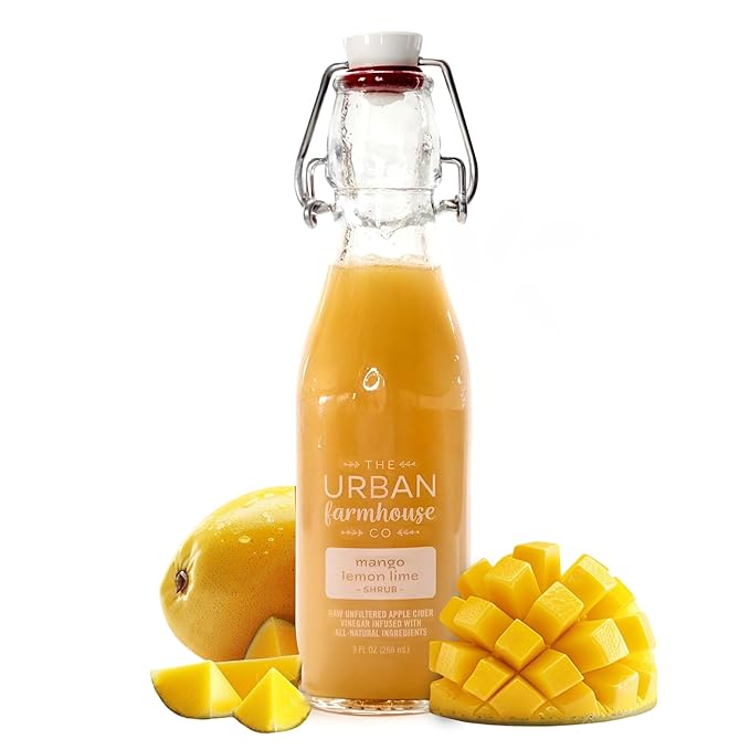 The Urban Farmhouse Co Organic Vinegar Shrub – Mango Lemon Lime 9 oz Bottle – Small Batch Drinking Vinegar with Apple Cider Vinegar &amp Citrus Fruits – Cocktail Mixer Gut Health Tonic No Sugar Ad
