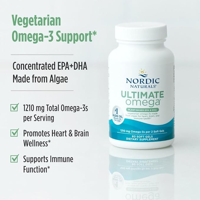 Nordic Naturals Plant Based Ultimate Omega Lemon Flavor - 60 Vegetarian Soft Gels - 1210 mg Omega-3 - Vegan EPA and DHA - Supplement Made from Algae - Brain &amp Heart Support - Non-GMO - 30 Serving