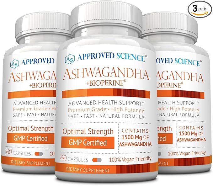 Approved Science Ashwagandha 1500mg with Bioperine® and Ginger- Boost Mood &amp Energy - 60 Vegan Friendly Capsules (3 Bottles)