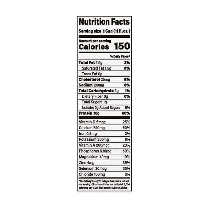 Combo-nurri 12-Pack Ultra-Filtered Chocolate and Vanilla Milk Shake. 6 each 30g Protein 1g Sugar 150 Calories 10 Vitamins and Minerals Per Can | 12-11 Fl Oz Cans Per Package Grade A Lactose-Free