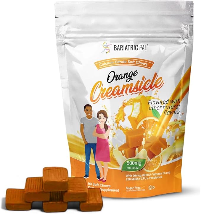 BariatricPal Sugar-Free Calcium Citrate Soft Chews | 500mg with Vitamin D &amp Probiotics | Orange Creamsicle | 90 Count (1 Month Supply)