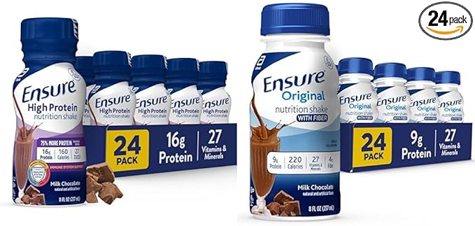 Ensure High Protein Milk Chocolate Nutrition Shake With Fiber 8 Fl Oz (Pack of 24) &amp Ensure Original Milk Chocolate Nutrition Shake | Meal Replacement Shake | 24 Pack Bundle