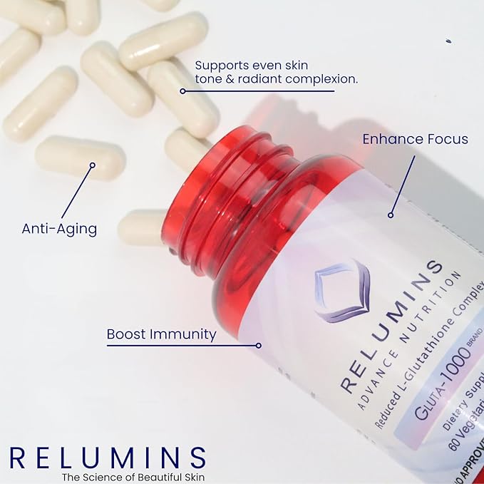 Relumins Premium Collagen &amp Gluta-1000 Bundle - 10 Sachets of Marine Collagen (Blueberry Flavor) + 60 Vegetarian Capsules - Supports Skin Health &amp Wellness