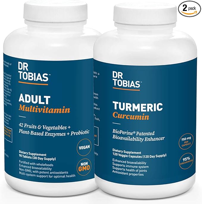 Dr. Tobias Adult Multivitamin &amp Turmeric Curcumin Energy Immune Health Bone &amp Joint Support Vegan Non-GMO