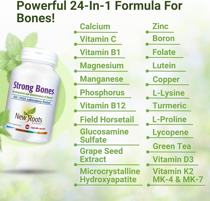 Strong Bone Support Supplement – 22-in-1 Calcium Magnesium &amp Vitamin D3 + K2 Formula with Glucosamine &amp Zinc Enhanced Absorption Skeletal Health Capsules 180 Veg Caps | NEW ROOTS HERBAL