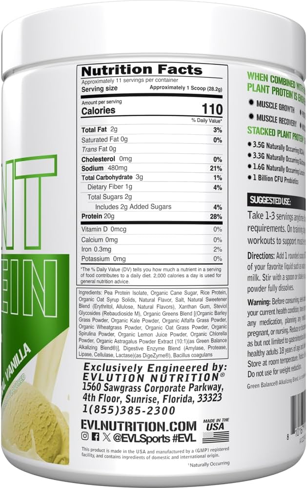 Evlution Nutrition Stacked Plant Protein Powder Vegan Non-GMO Gluten-Free Probiotics BCAAs Fiber Plant-Based Protein Complex 300G (Natural Vanilla)