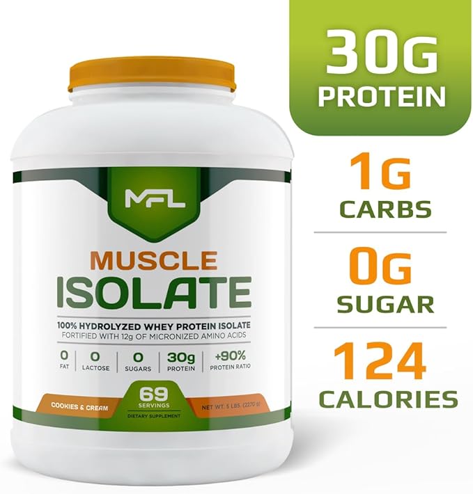 MFL 100% Isolate Protein l 30g of Protein l 12g Amino Acids l Keto Friendly l Low Carbs l 5 lbs. (Cookies &amp Cream)