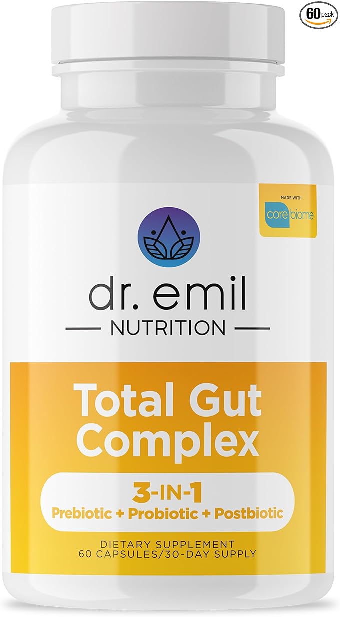DR. EMIL NUTRITION Total Gut Health Complex - Prebiotic Probiotic &amp Postbiotic Supplement - Supports Digestive Health Bloating &amp Gut Balance - Non-GMO &amp Soy-Free - 60 Capsules