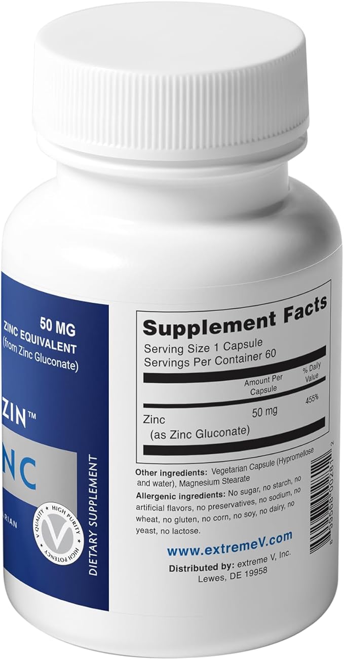 Zing MG50 OTC ZINC GLUCONATE 50mg (3 Bottles - 180 Vegetarian Capsules)