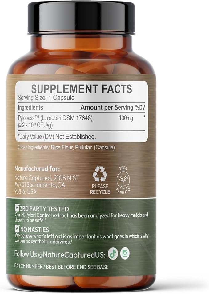 H Pylori Control - with Pylopass™ - Lactobacillus Reuteri DSM 17648-60 Capsules - 200 Billion CFU/g - Supports Elimination of Bad Bacteria in Stomach &amp Gut - GMP - Additive Free