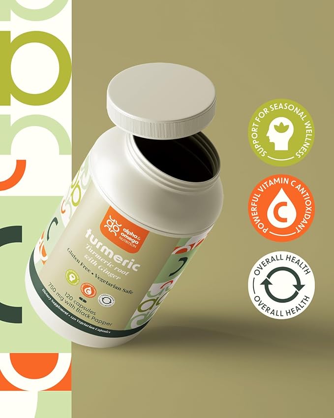 Alpha &amp Omega Nutrition Turmeric 1500mg with Ginger and Black Pepper Joint Support Supplement with Turmeric and Ginger Root Powder 120 Veggie Caps 2 Month Supply