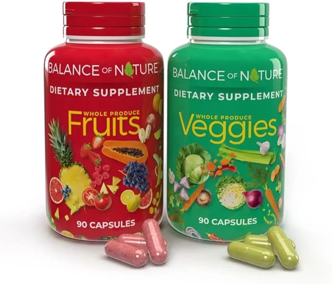 Balance of Nature Fruits &amp Veggies Supplements - Whole Fruit and Vegetable Ingredients for Women Men and Kids - 90 Fruits Capsules 90 Veggies Capsules - 1 Set