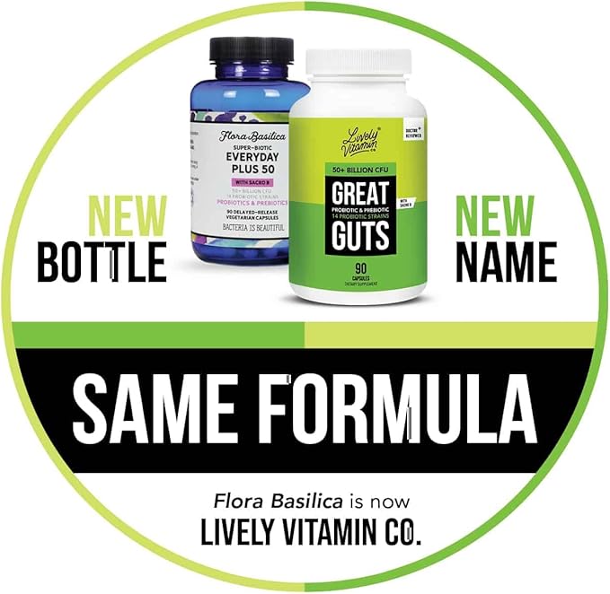 LIVELY VITAMIN CO. Great Guts Probiotic 50 Billion CFU Probiotic - Balance Gut Microbiome GI Tract Inflammation Indigestion Reflux Upset Stomach &amp Diarrhea - 90 Caps