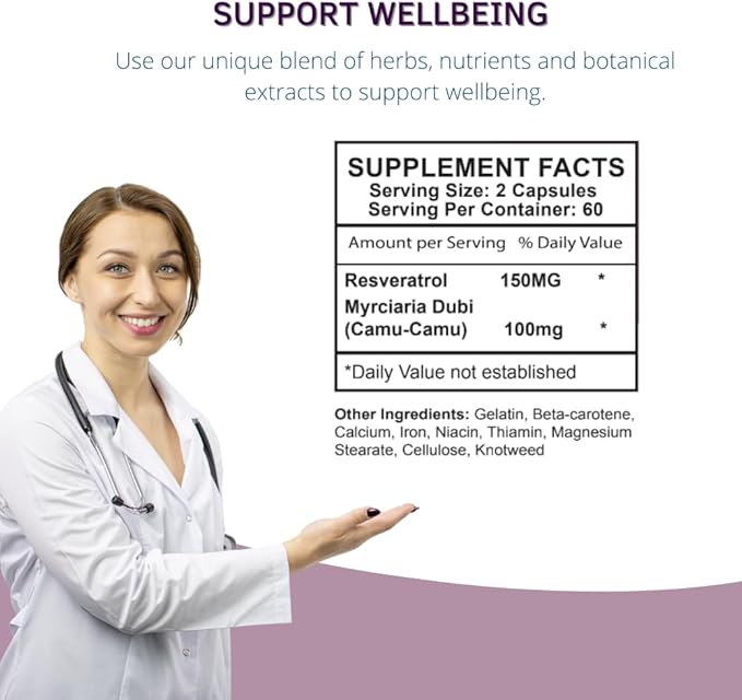 Resvence Resveratrol Supplement Capsules - Antioxidant - Boost Immune System - Energy &amp Vitality - Cellular Renewal - Supports General Wellbeing - Resveratrol - Camu Camu - 60 Caps