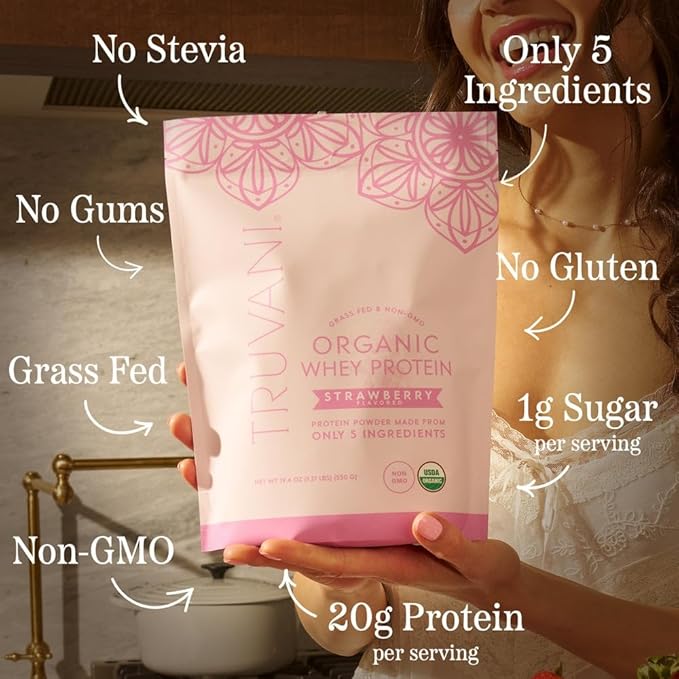 Truvani Organic Whey Protein Powder | Strawberry | 20g Grass Fed Whey Protein | 20 Servings | USDA Organic &amp Non-GMO | Gluten Free | No Gums No Soy No Stevia No Added Sugars