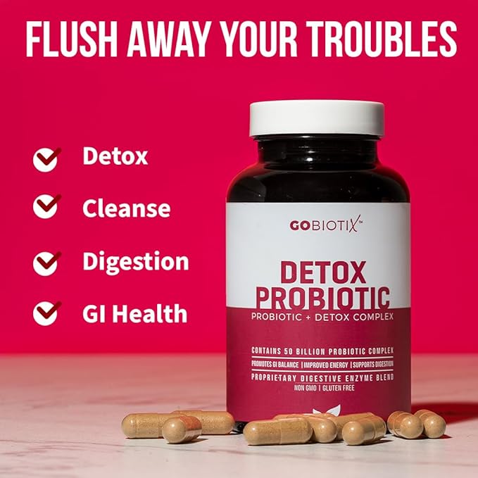 GOBIOTIX Detox Probiotic Supplement for Digestive Health - Milk Thistle Turmeric and Dandelion Root Enzymes for Gut Health - 50 Billion CFU - 60 Capsules