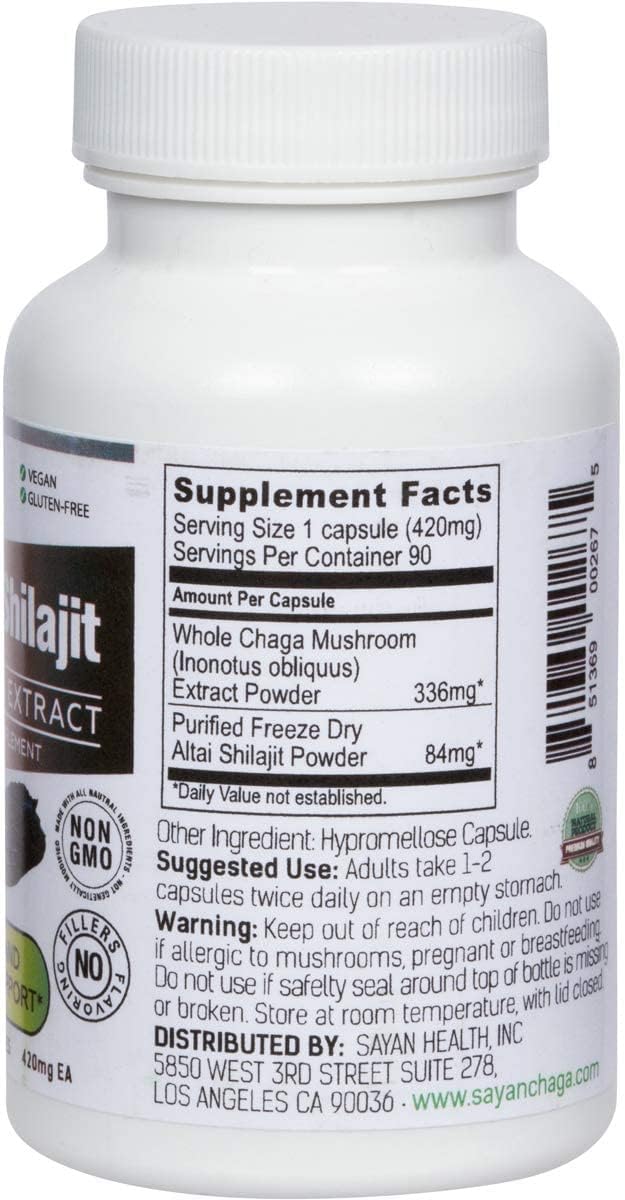 Sayan Siberian Chaga Mushroom Extract with Shilajit 90 Capsules/420mg ea.– Immune and Digestion System Support – Fulvic Acid Supplement – Energy &amp Clarity – Exclusive Blend – No Fillers