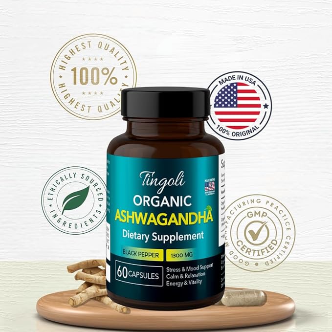 Organic Ashwagandha 1300mg with Black Pepper for Enhanced Absorption | Stress &amp Mood Support Calm &amp Relaxation Energy &amp Vitality | Vegan Non-GMO | 60 Capsules | Made in USA