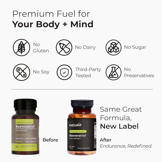 Endur Resveratrol Healthy Aging &amp Cardiovascular Support Supplement Instant Release Antioxidant Grape Skin Extract Gluten Free 100mg (150 Tablets)