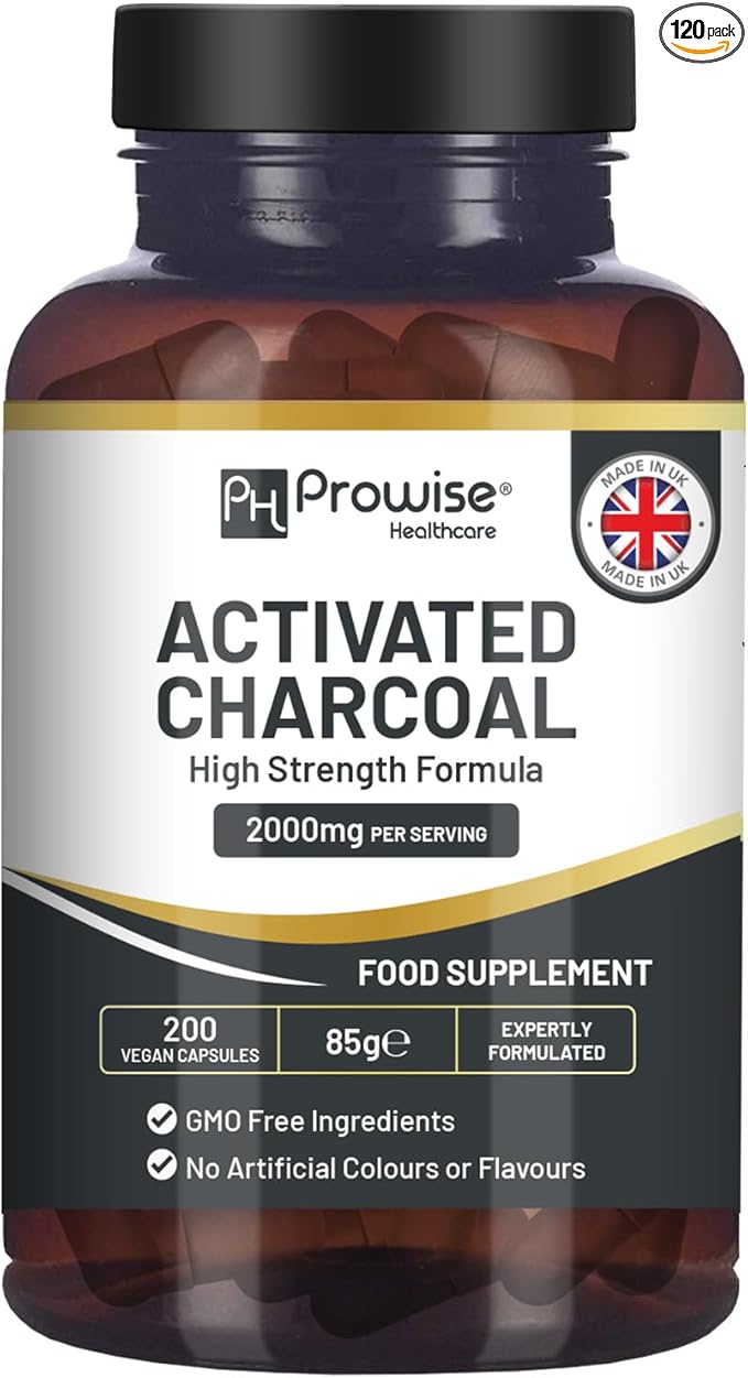 Activated Charcoal Capsules - 200 High Strength Vegan Capsules- 2000mg per Serving I Made in The UK by Prowise Healthcare