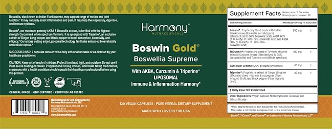 Harmony Nutraceuticals Boswin Gold Liposomal - Highest Potency Maximum Bioactivity Dr. Gumman's Clinical Grade Synergized with Turmeric &amp Triperine