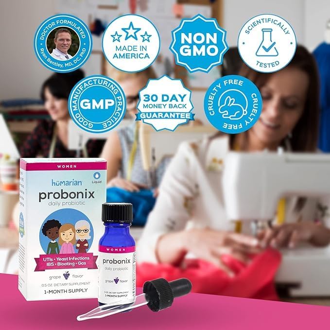Probonix Humarian Liquid Probiotics for Women - 12-Strain Probiotic Drops to Fortify Women’s Gut Health Vaginal Health Immunity and Overall Wellness - 30-Day Supply - Delicious Grape Flavor
