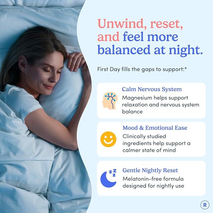 First Day Women’s Nighttime Reset Calming Magnesium Gummies – Sleep Aid Supports Peaceful Rest Balanced Mood &amp Energy – Supplement with Magnesium Citrate L-Theanine &amp No Melatonin – 30-Day S