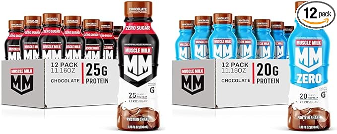 Muscle Milk Genuine Protein Shake Chocolate 25g Protein 11.16 Fl Oz (Pack of 12) &amp Zero Protein Shake Chocolate20g Protein Zero Sugar 100 Calories Calcium Vitamins A C &amp D