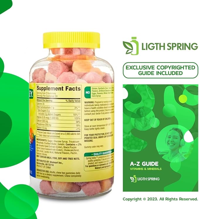 Calcium Plus Vitamin D Adult Gummies 500 mcg 1000 IU Assorted Flavors 100 Ct (3 Pack) Bundle with Exclusive Vitamins &amp Minerals - A to Z - Better Ligth&ampSpring Guide (4 Items)