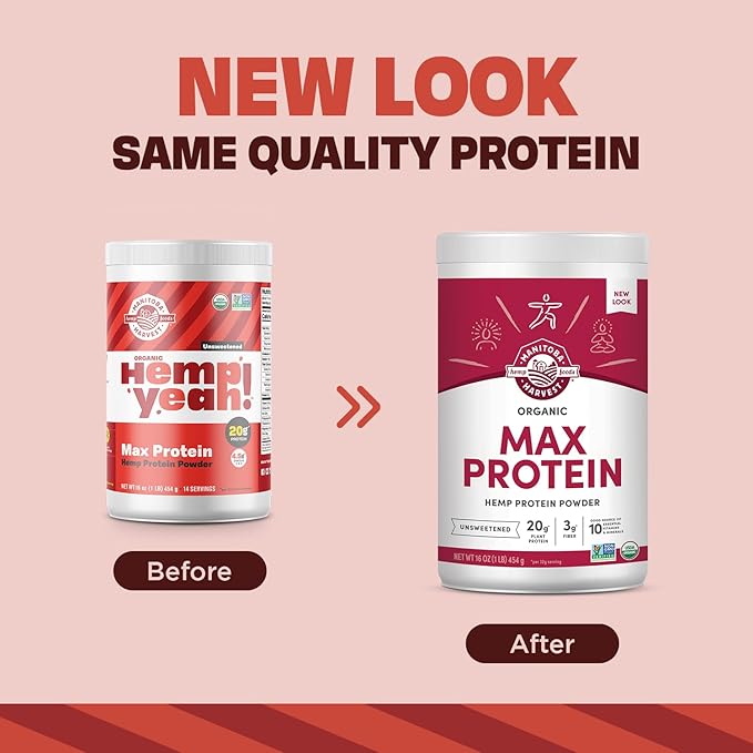 Manitoba Harvest Hemp Yeah Organic Max Protein Powder Unsweetened 16oz with 20g Protein and 4.5g Omegas 3&amp6 per Serving Keto-Friendly Preservative Free Non-GMO Packaging May Vary