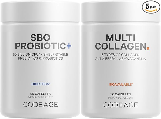 Codeage Multi Collagen Protein Capsules 5 Types Ashwagandha Withania Somnifera &amp Organic Amla Berry + SBO Probiotic Blend 50 Billion CFU Bundle Lactobacillus Plantarum Bacillus Subtilis Non-GM