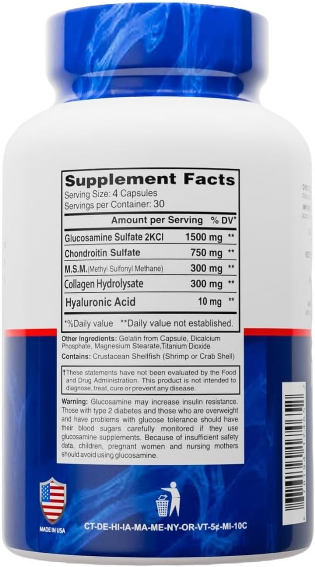 Premium Glucosamine &amp Chondroitin Nutritional Supplement - Healthy Joint Bone &amp Knee Support - Rich in MSM &amp Collagen - Organic Natural Ingredients - Made in USA - 120 Capsules - 2 Pack