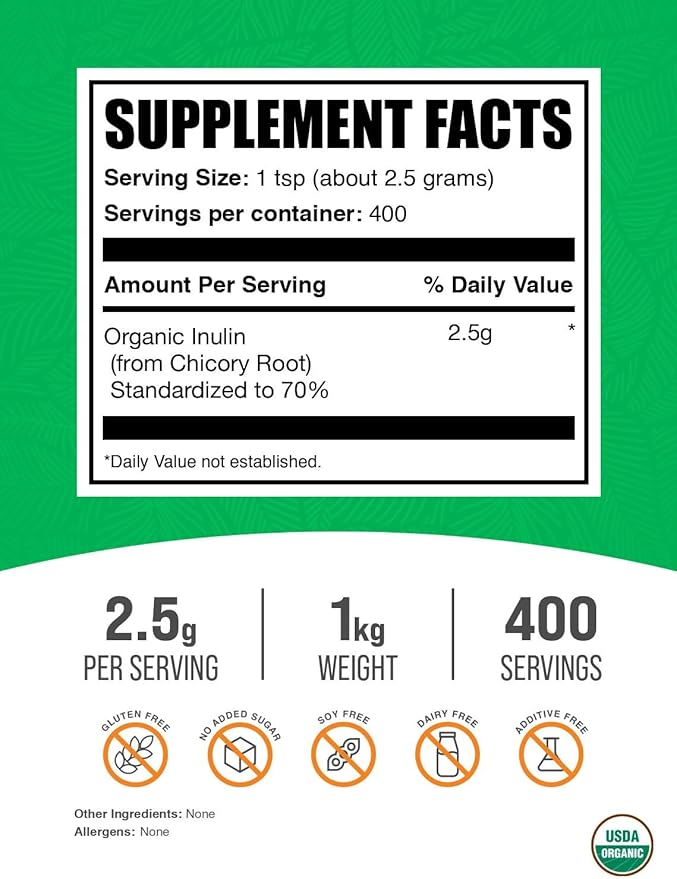 BulkSupplements.com Organic Inulin Powder - Inulin Supplement Soluble Fiber Powder - Vegan &amp Gluten Free - 2.5g per Serving 1kg (2.2 lbs) (Pack of 1)