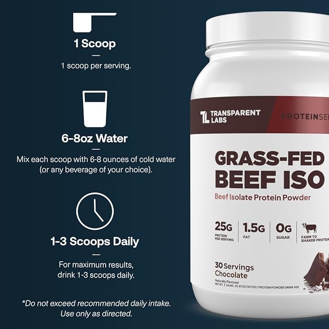 Transparent Labs Grass-Fed Beef Isolate Protein Powder – Naturally Flavored Dairy-Free Protein with 25g of Protein per Serving for Increased Recovery &amp Strength - 30 Servings Chocolate