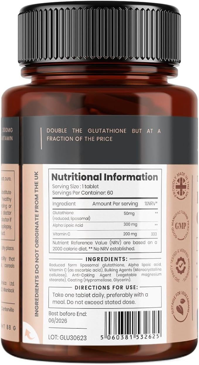 Glutathione 1000mg x 240 Tablets (4 Bottles of 60)- w/500mg Glutathione 300mg ALA and 200mg VIT C per Tablet