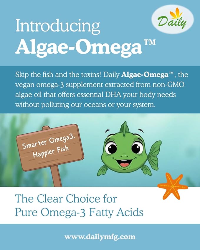 Daily Algae-Omega™ Vegan Omega 3 Supplement – 300mg Algal Oil (180mg DHA / 100mg EPA) – Plant Based Fish Oil Alternative for Brain Heart &amp Eye Health – Non-GMO Mercury Free Burpless – 90 Softge