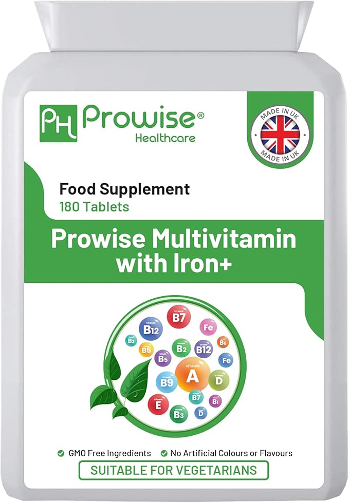 Multivitamin &amp Iron 180 Tablets (6 Months Dose) Immune Support - One A Day Multi-Vitamin Supplement – UK Manufactured | GMP Standards by Prowise Healthcare - Suitable for Vegetarians
