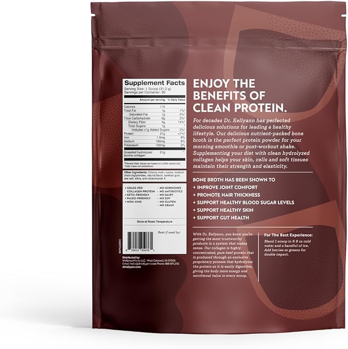 Dr. Kellyann Keto Bone Broth Protein Powder Chocolate - Protein 21g Grass Fed Hydrolyzed Collagen - Gluten and Dairy Free Paleo Keto Protein Shakes (30 Servings)