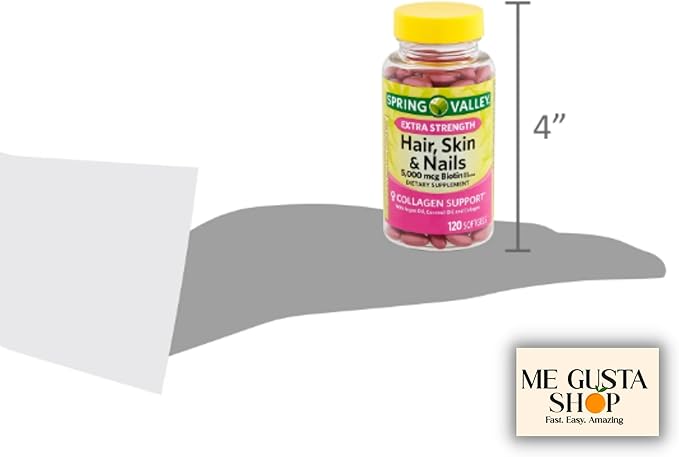 Spring Valley Hair Skin &amp Nails Biotin Collagen Gelatin Extra Strength Dietary Supplement 120ct (Pack of 02) 240 Total + me Gusta Sticker