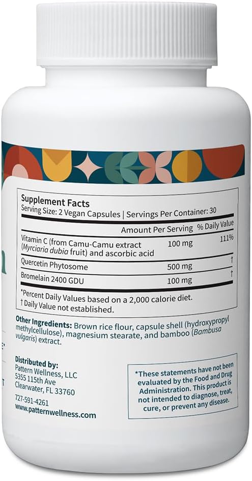 Pattern Wellness Quercetin Supplement with Bromelain - Immune Function &amp Cellular Health Support - Antioxidant &amp Whole Body Wellness - 60 Vegan Capsules