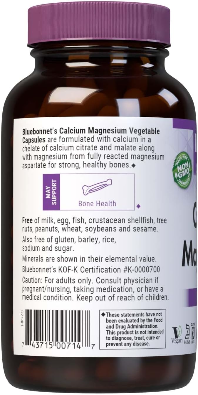 Bluebonnet Nutrition Calcium &amp Magnesium Bone Health* Soy-Free Gluten-Free Non-GMO Vegan Kosher Parve 180 Vegetable Capsules 60 Servings