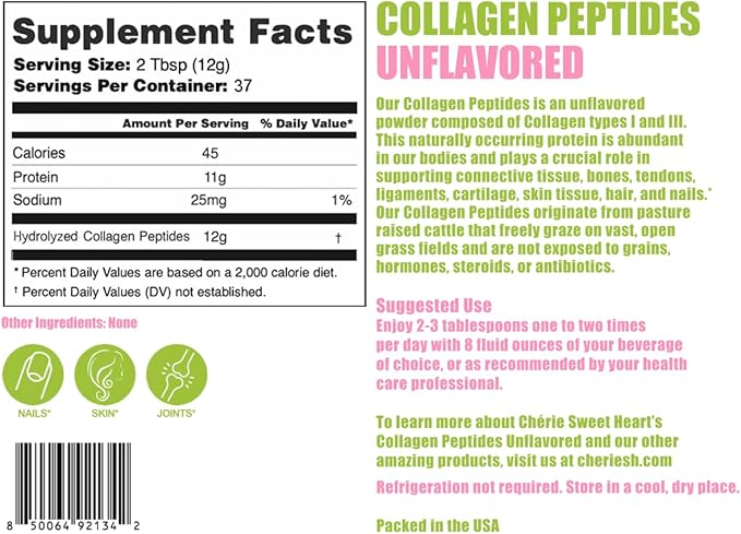 Cherie Sweet Heart's Collagen Peptide Powder 1 lb Pure Hydrolyzed Gluten Free Keto and Paleo Friendly Grass Fed Non GMO Unflavored